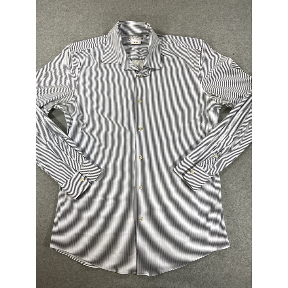 Zara Slim Fit Blue White Striped Button Down Shirt Mens Medium Long Sleeve 2833